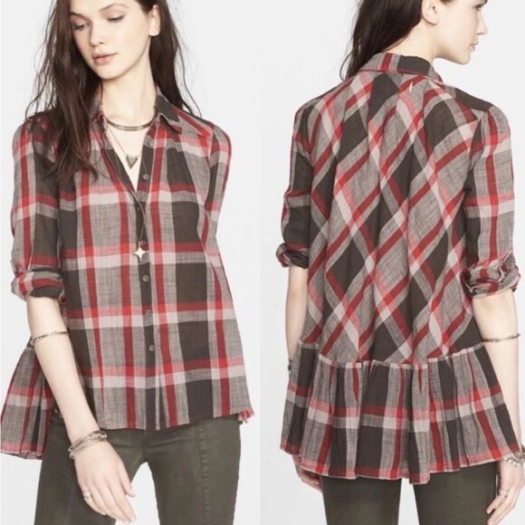 FREE PEOPLE Red Plaid Ruffle Detail Peppy Top-S - Picture 1 of 9